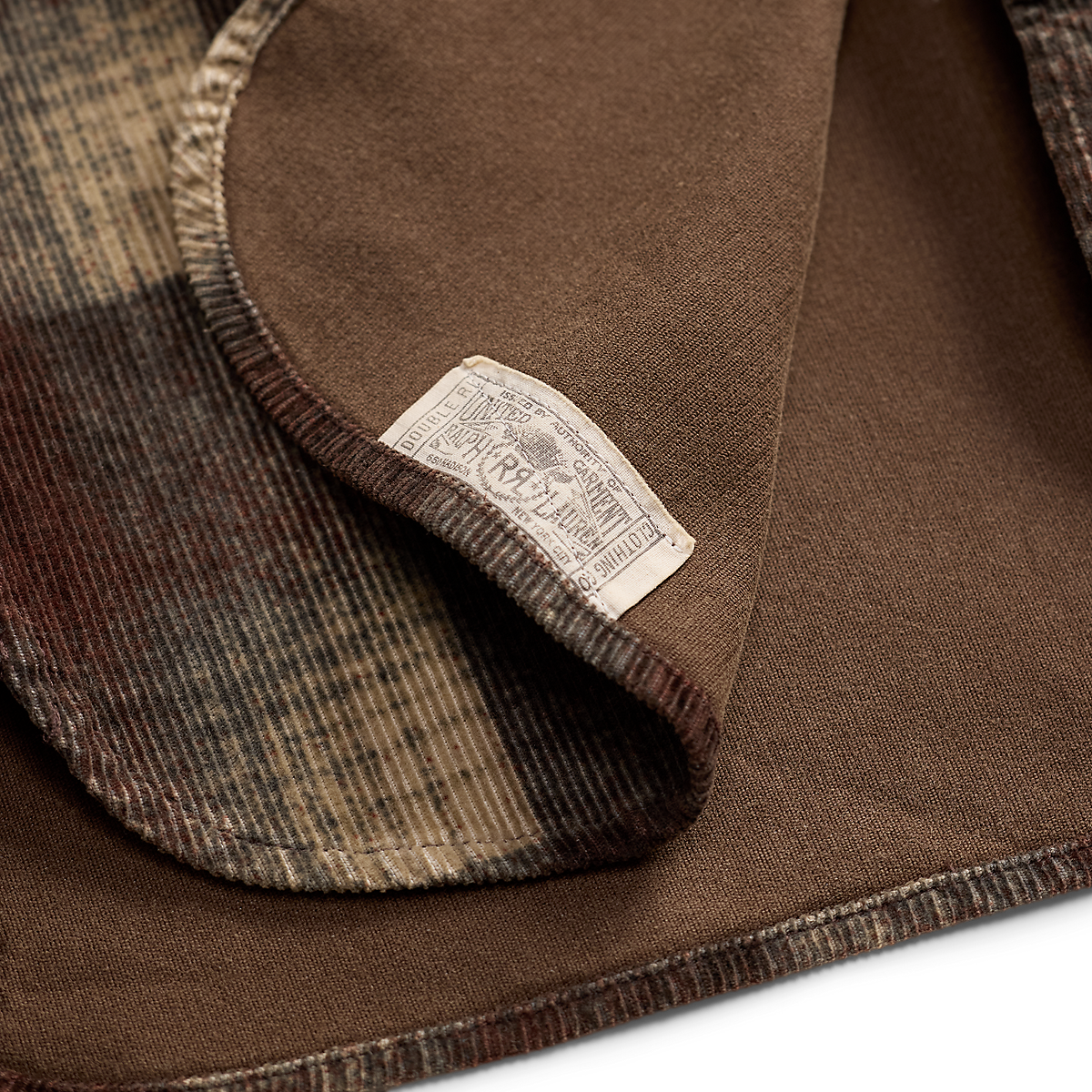MILWORKS RRL corduroy long sleeve sport shirt in brown and grey with a vintage-style interior brand label