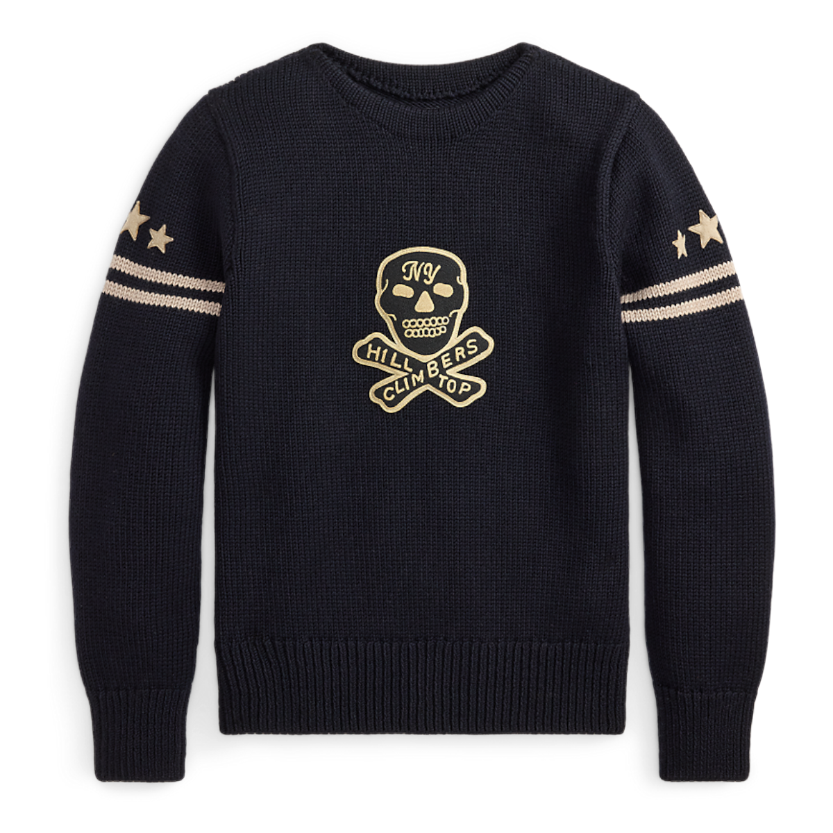 MILWORKS RRL long sleeve dark navy pullover sweater featuring a skull and crossbones graphic and star sleeve details.