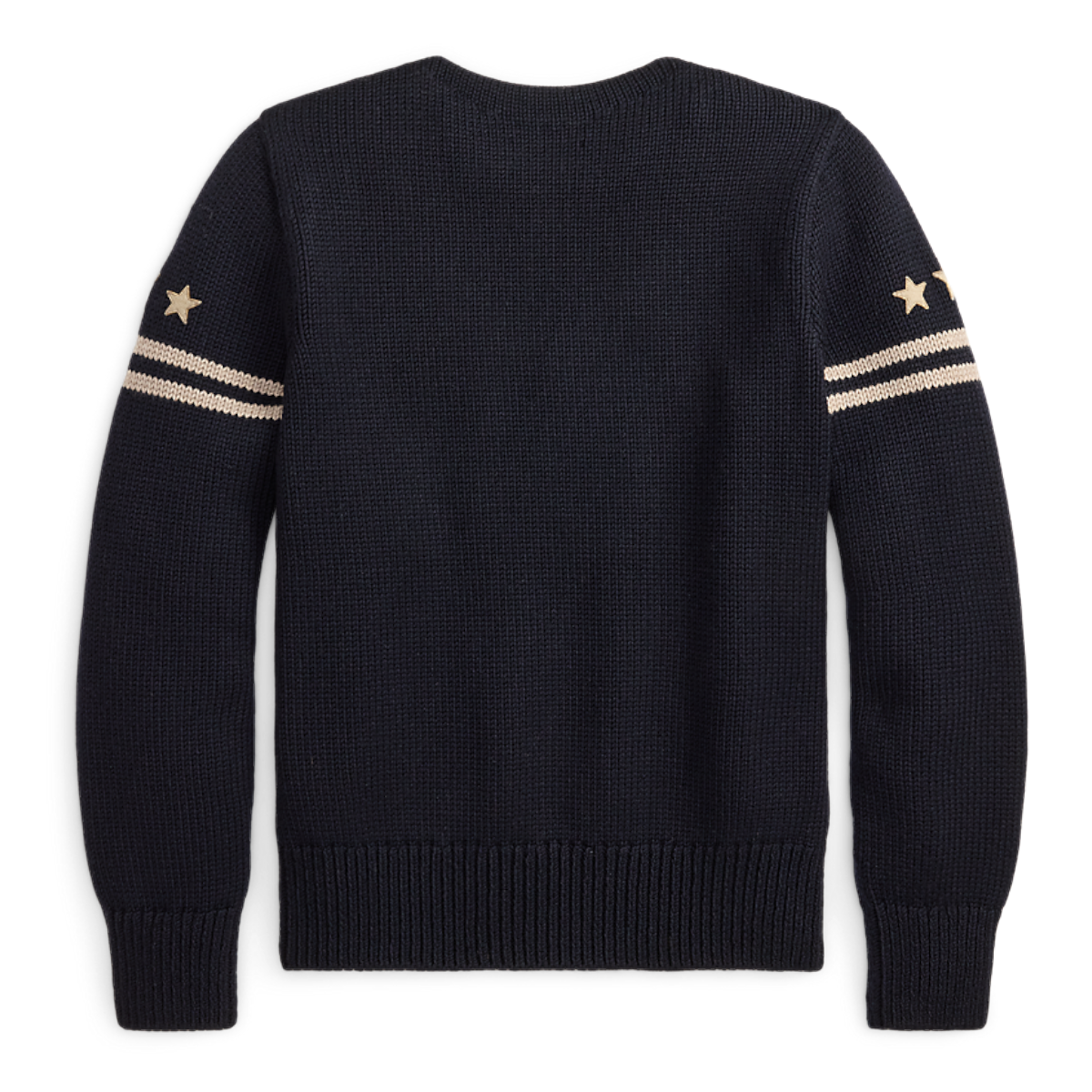 MILWORKS RRL dark navy long sleeve pullover sweater featuring cream striped sleeve details and star accents