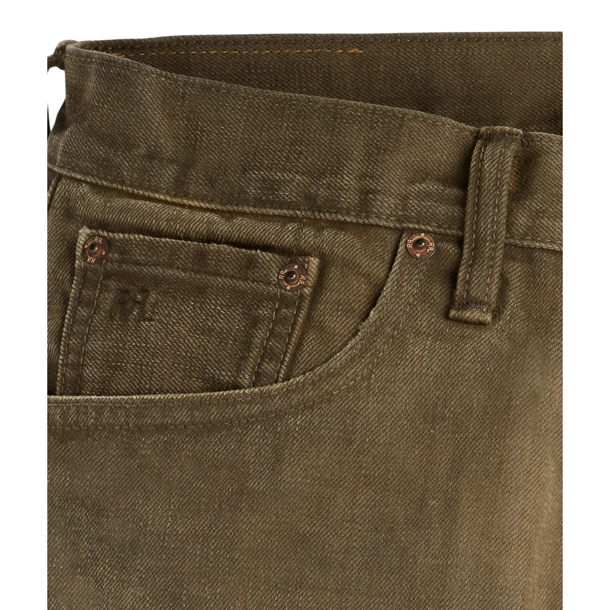 MILWORKS RRL slim fit distressed brown jeans featuring a coin pocket with embroidered logo and copper rivets.