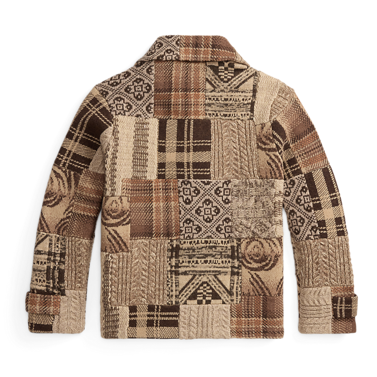 MILWORKS RRL wool blend full zip sweater featuring a brown and cream patchwork design with varied knit patterns.