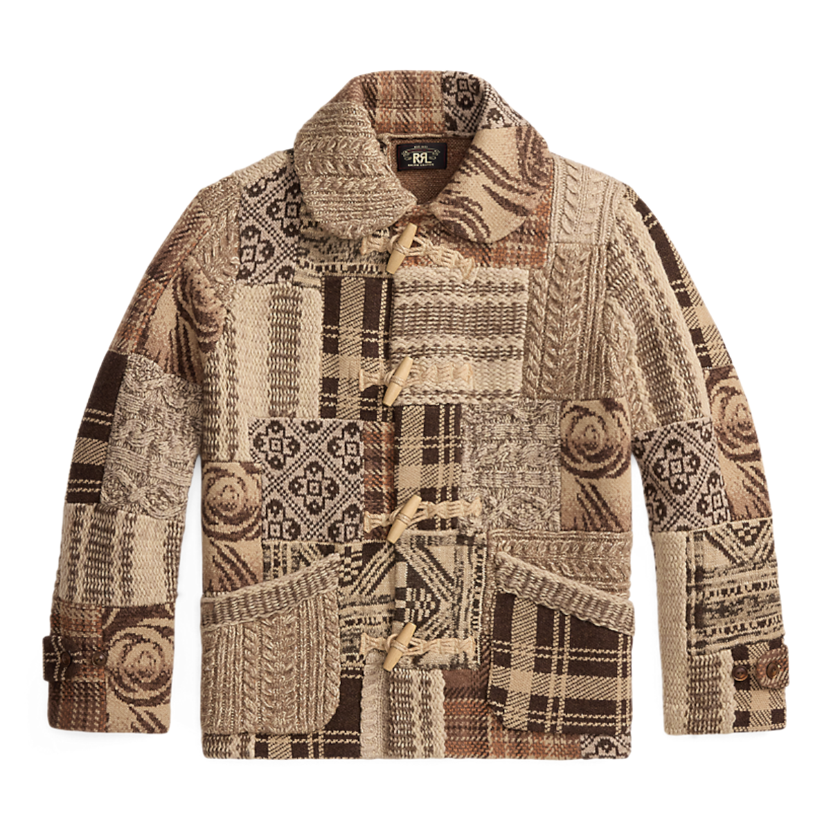 MILWORKS RRL wool blend full zip sweater featuring a brown and cream patchwork pattern with toggle closures