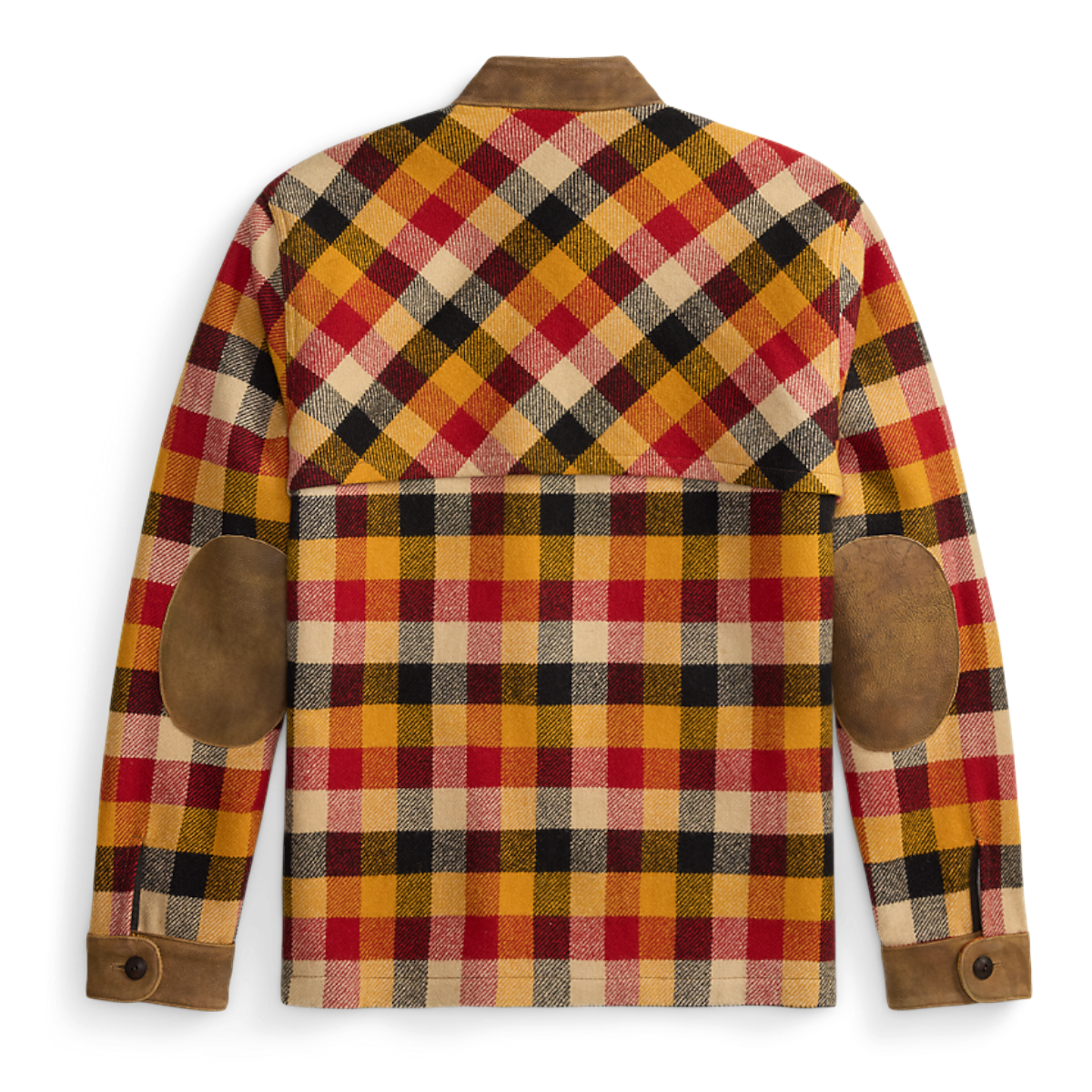 Back view of a MILWORKS RRL wool woven shirt featuring a yellow, red, and black plaid pattern with brown elbow patches.