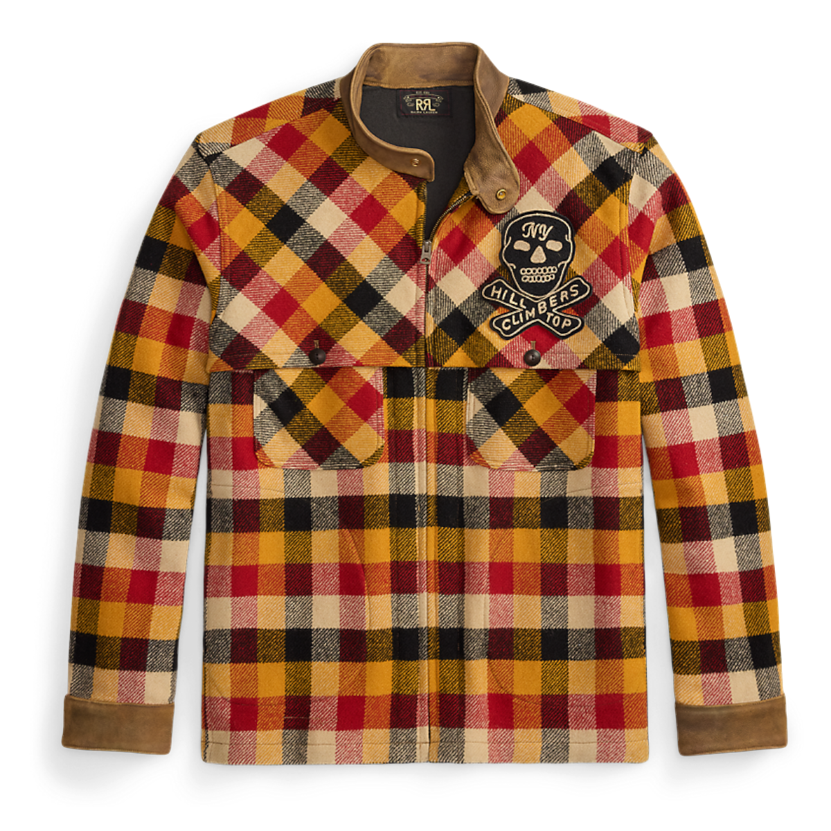 MILWORKS RRL wool woven shirt in yellow and red plaid with a skull and crossbones patch and brown collar trim.