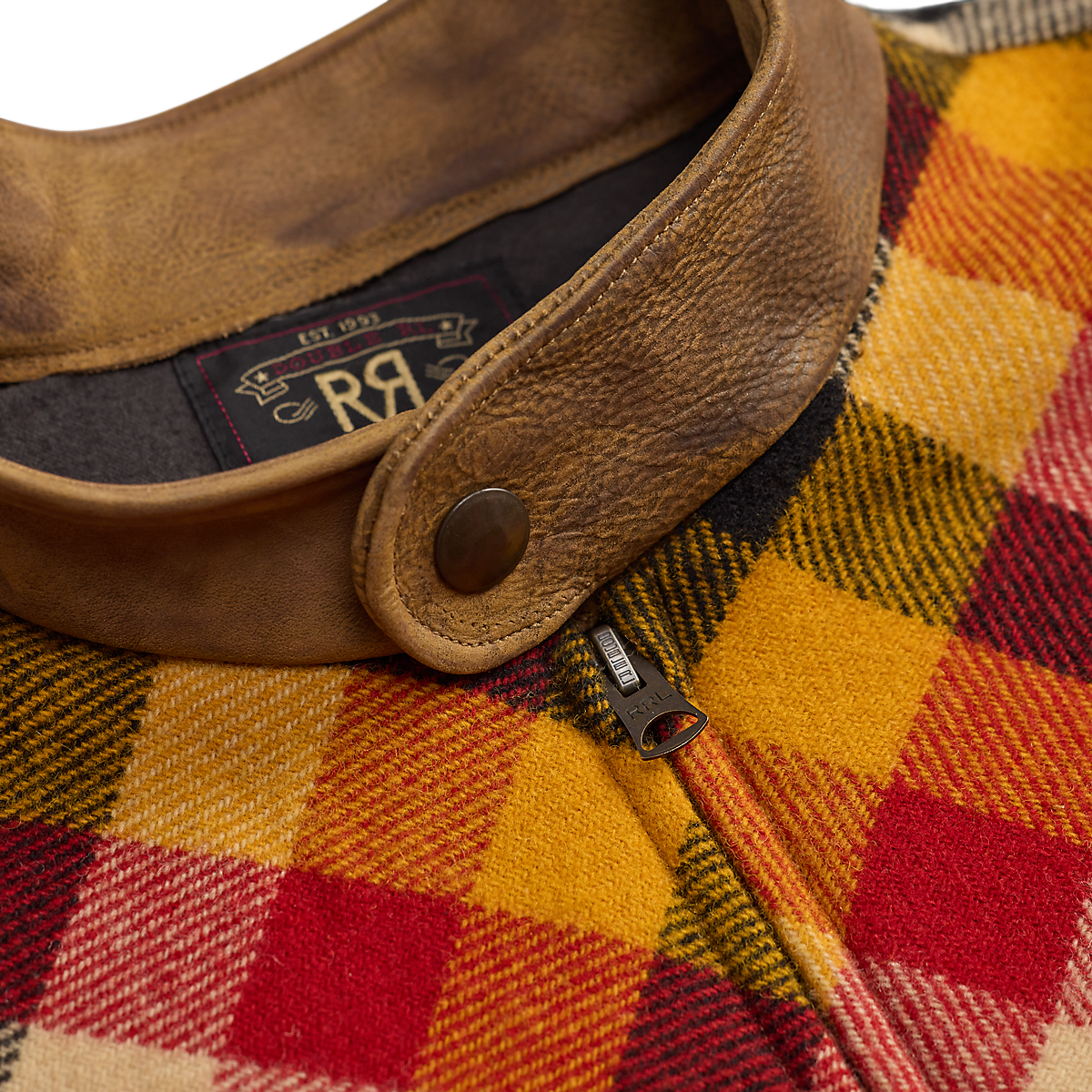 MILWORKS RRL wool woven shirt featuring a yellow and red plaid pattern with a brown leather collar and zip closure.