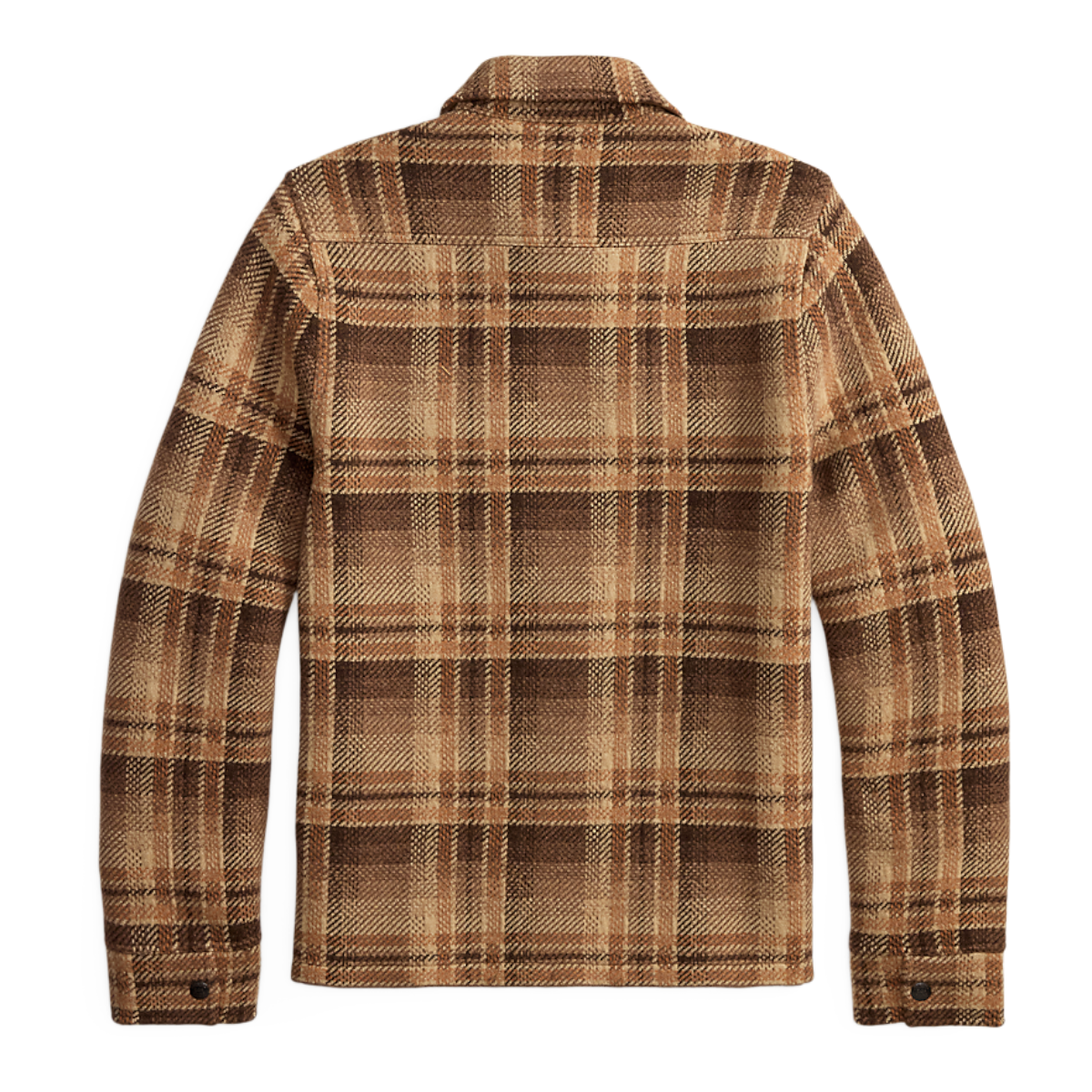 MILWORKS RRL plaid wool workshirt sweater in tan and rust tones, back view showing button cuffs and collar.