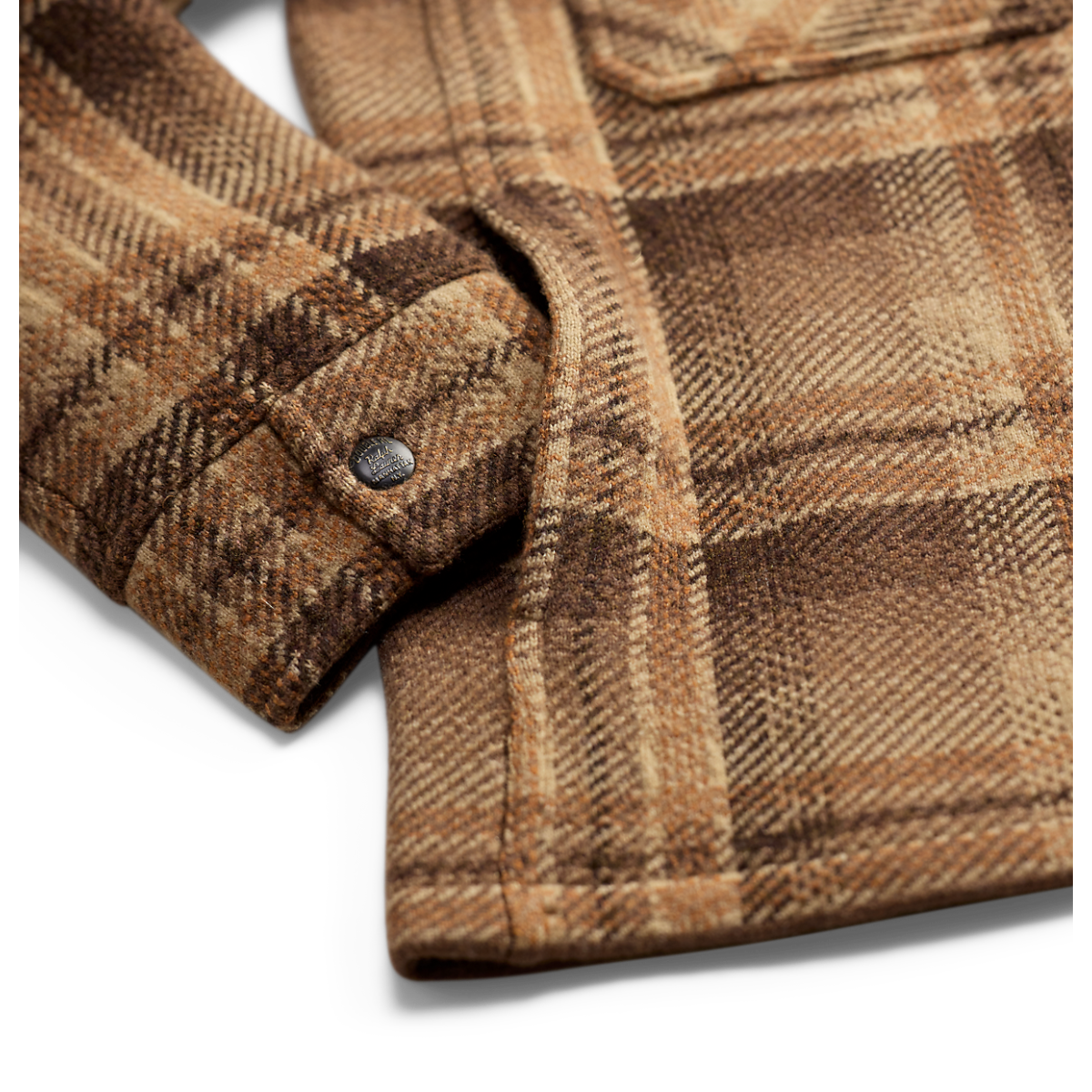 MILWORKS RRL plaid wool workshirt sweater in tan and rust tones with detailed buttoned cuff