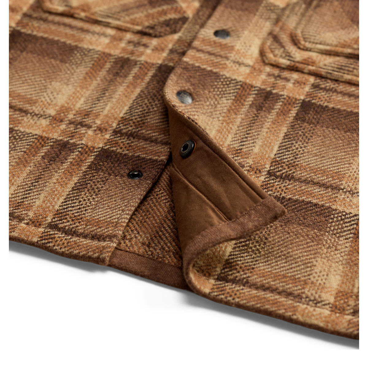 MILWORKS RRL plaid wool workshirt sweater in tan and rust with button-down front and brown corduroy trim detail.