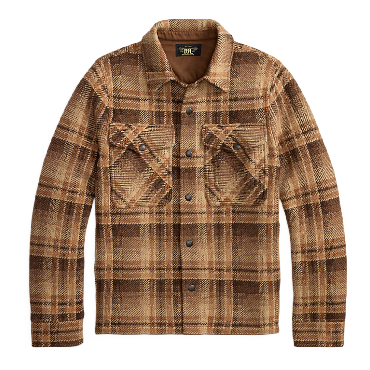 MILWORKS RRL plaid wool workshirt sweater in tan and rust with button-front closure and dual chest pockets