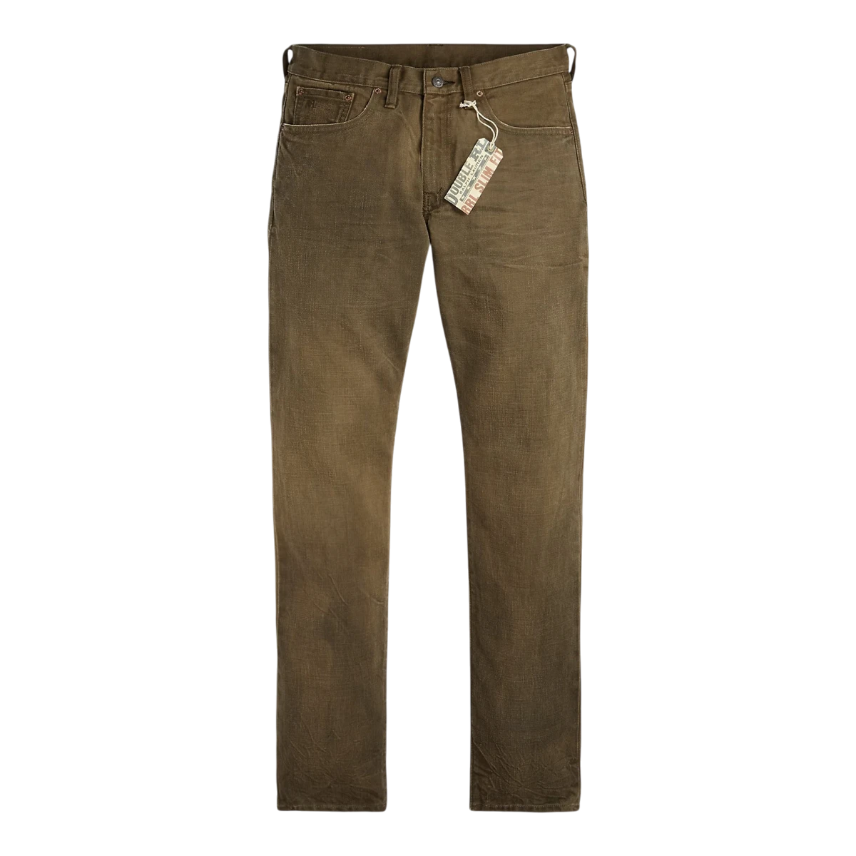 MILWORKS RRL slim fit distressed brown jeans in Japanese right-hand twill cotton with five-pocket styling.