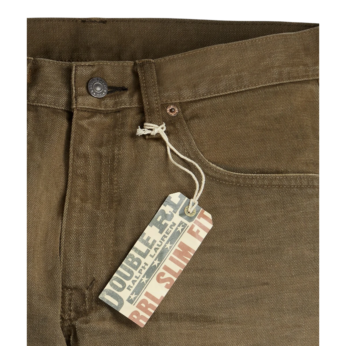 MILWORKS RRL slim fit distressed brown jeans in Japanese twill with signature button closure and coin pocket tag