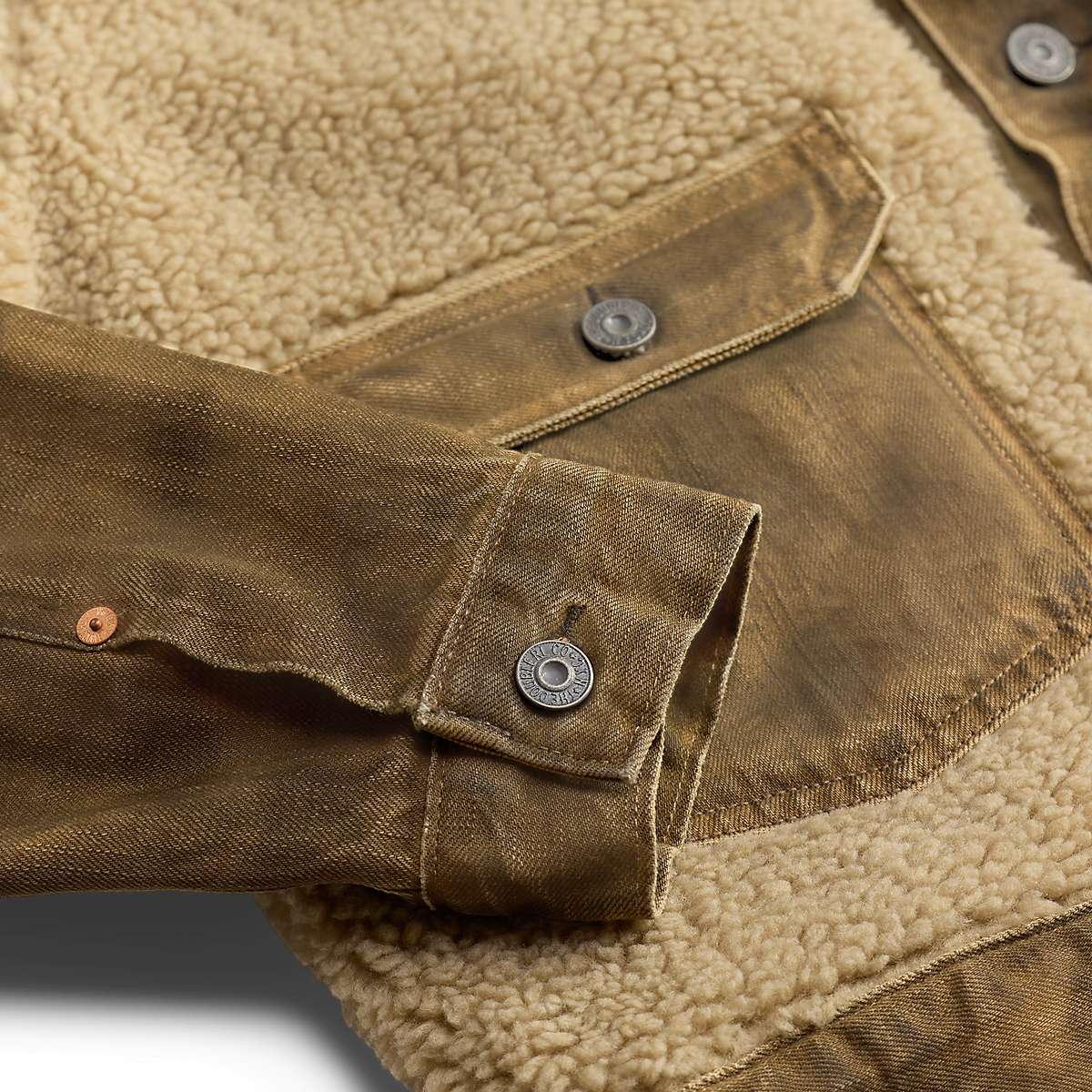 MILWORKS RRL vintage brown denim jacket with cream shearling lining and branded metal button details