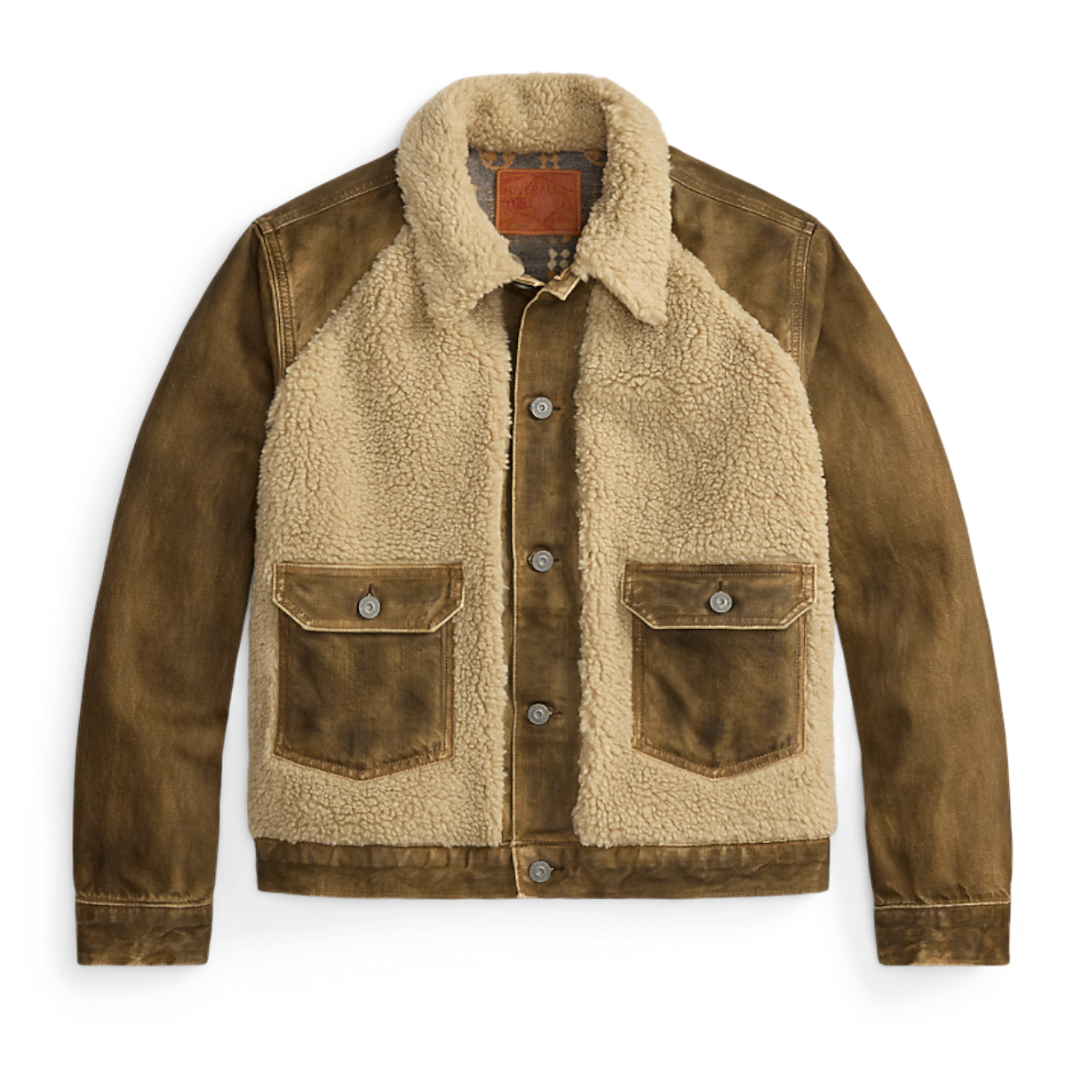 MILWORKS RRL vintage brown denim jacket with a cream shearling lining and collar, featuring two front chest pockets.