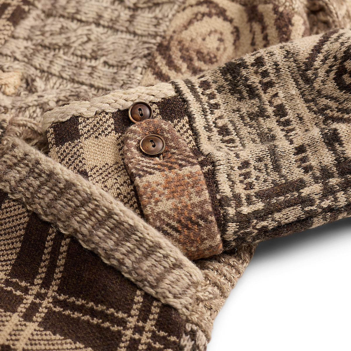 MILWORKS RRL wool blend full zip sweater featuring a brown and cream multi-pattern knit with buttoned cuffs