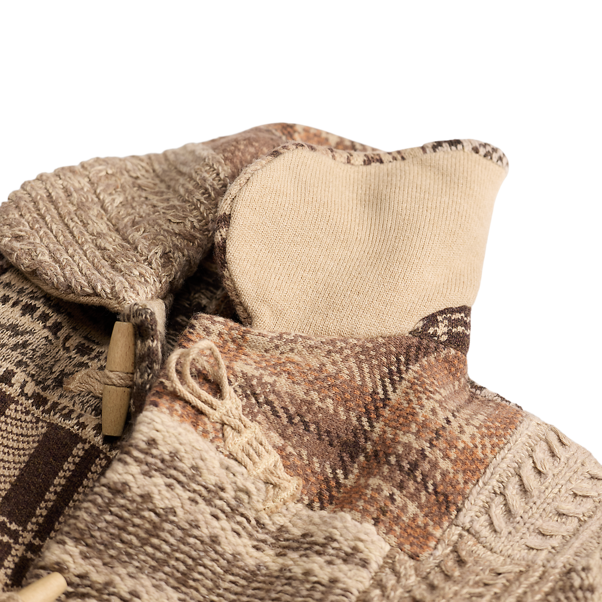 MILWORKS RRL wool blend full zip sweater in brown and cream featuring a textured knit pattern and wooden toggle
