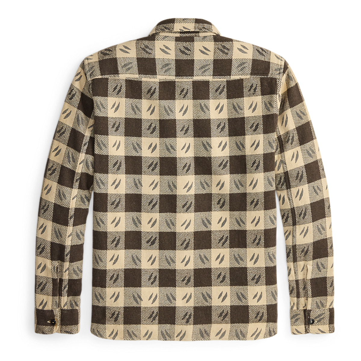 Back view of a MILWORKS RRL wool long sleeve sports shirt featuring a brown and cream checkered pattern with leaf motifs