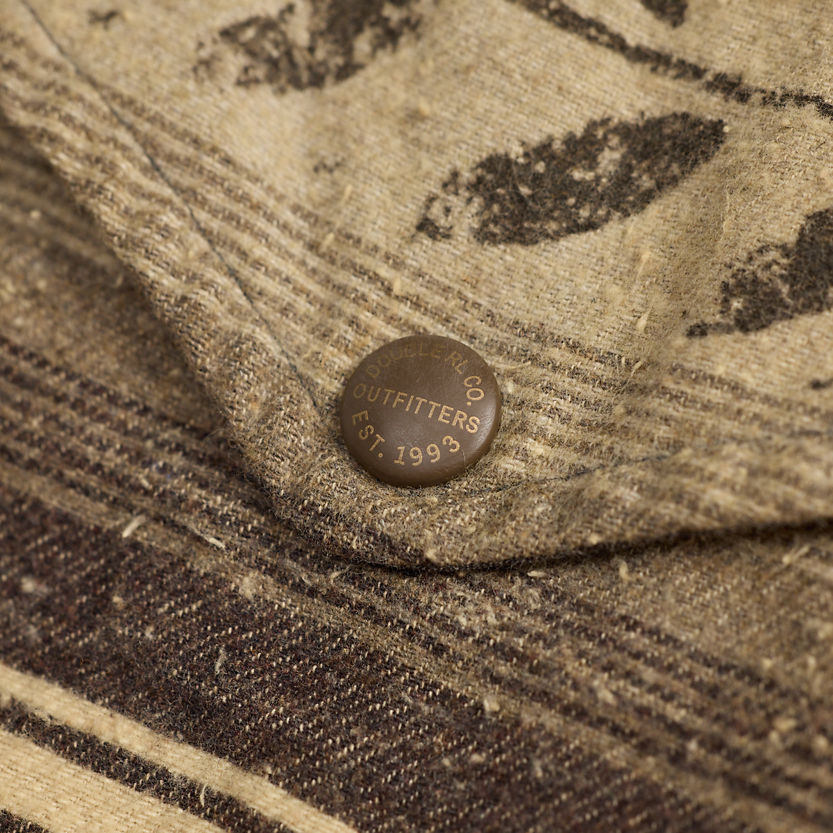 MILWORKS RRL wool long sleeve sport shirt in grey and brown with a detailed branded button featuring vintage text