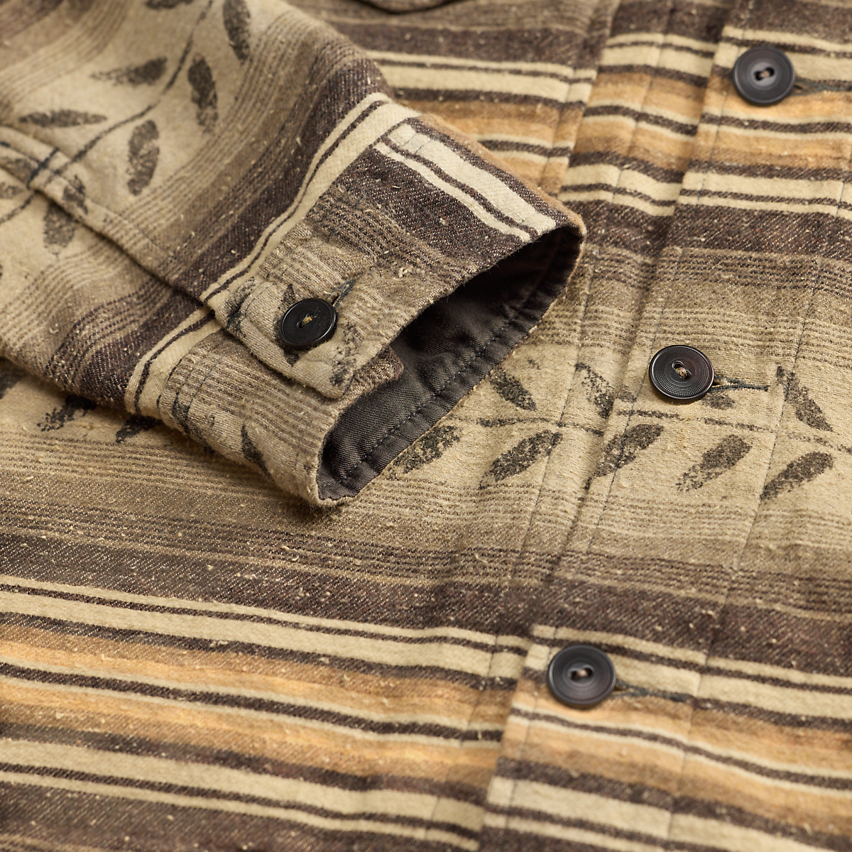 MILWORKS RRL wool long sleeve sport shirt in grey and brown with a striped leaf pattern and dark buttons