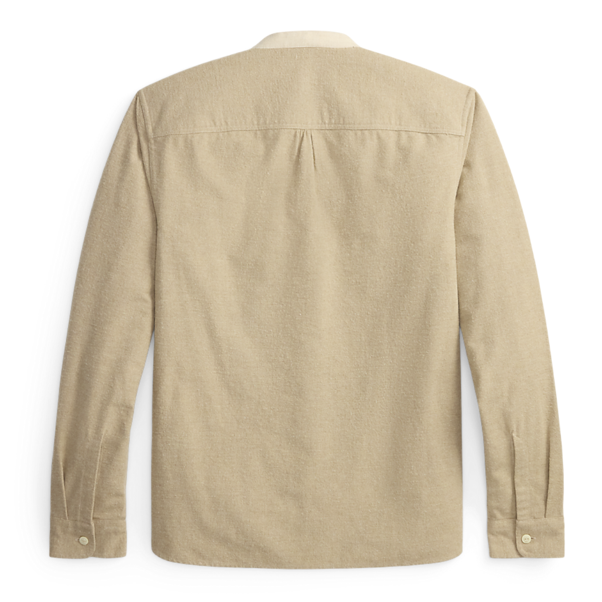 Back view of a MILWORKS RRL woven sport shirt in a neutral grey and cream colour palette with a textured fabric.