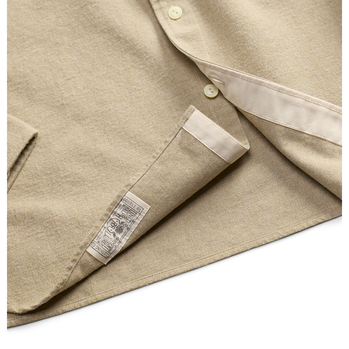 MILWORKS RRL woven sport shirt in grey and cream featuring a textured fabric and branded interior label detail
