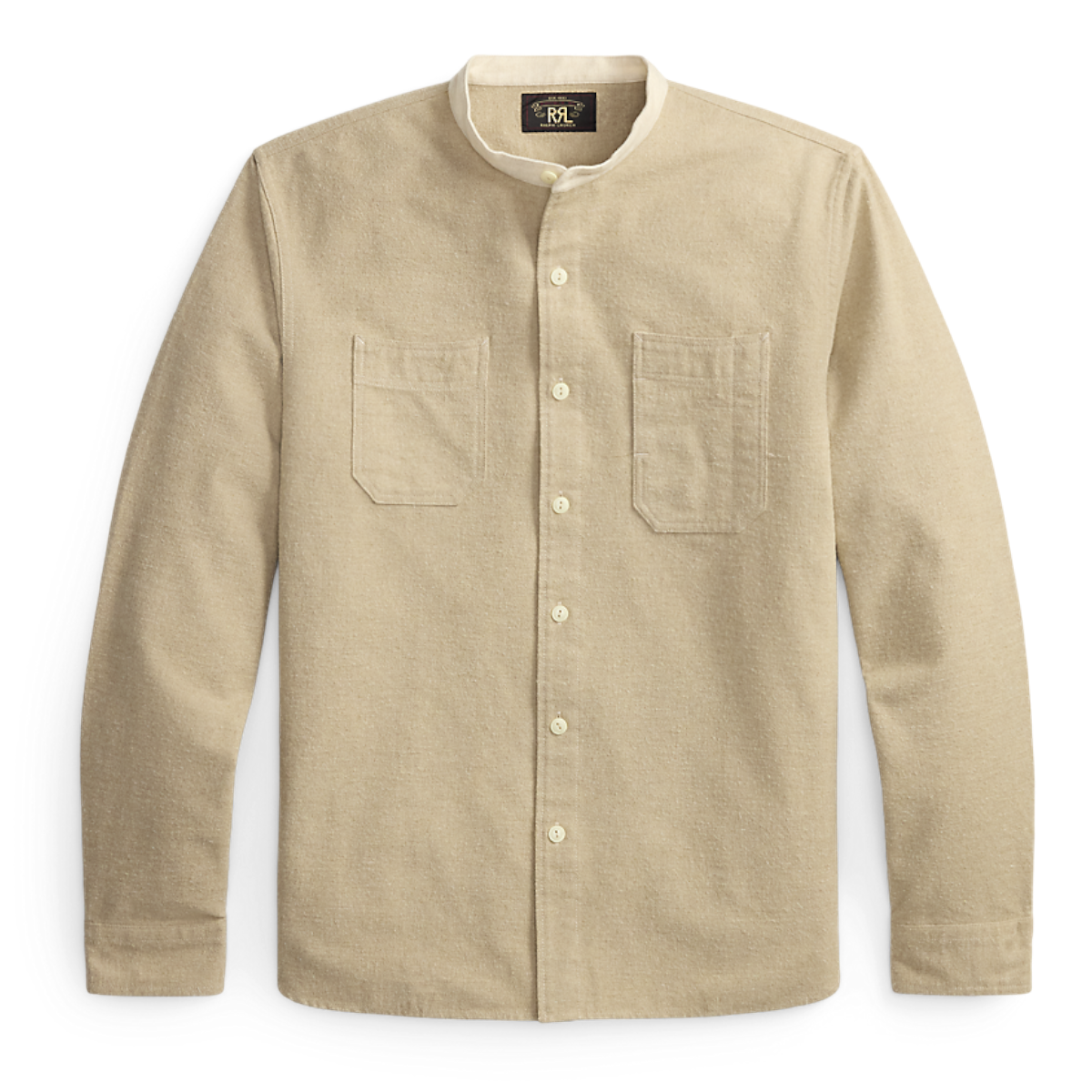 MILWORKS RRL woven sport shirt in grey and cream featuring a band collar and dual chest pockets