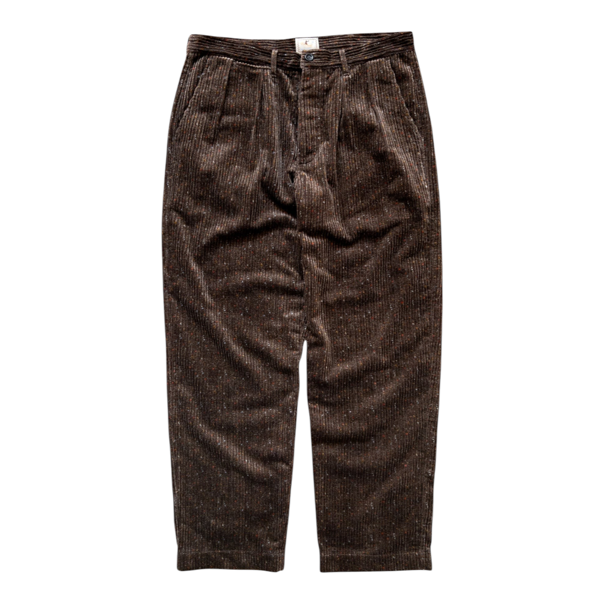 MILWORKS rustic brown wide wale corduroy chinos with double forward pleats and a button fly in Italian cotton.