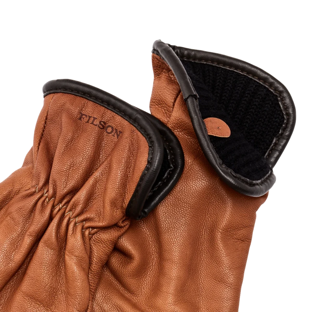 MILWORKS saddle brown goatskin leather gloves with black wool lining and elastic cuffs for a secure fit.