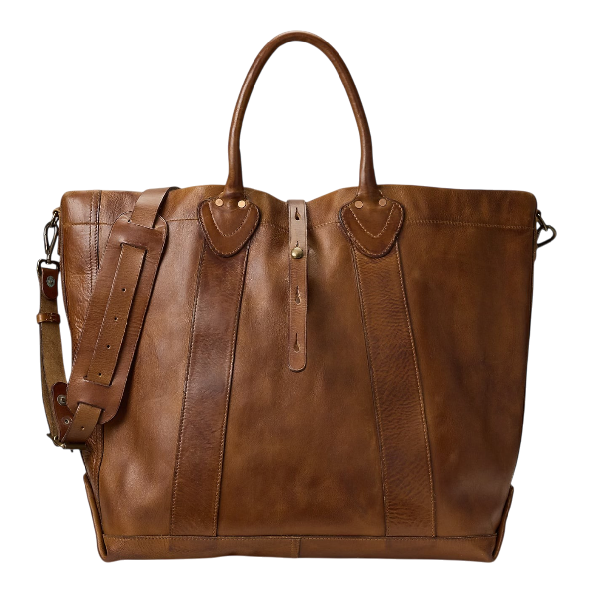 MILWORKS saddle brown full-grain leather tote bag with brass hardware, top handles, and removable shoulder strap.