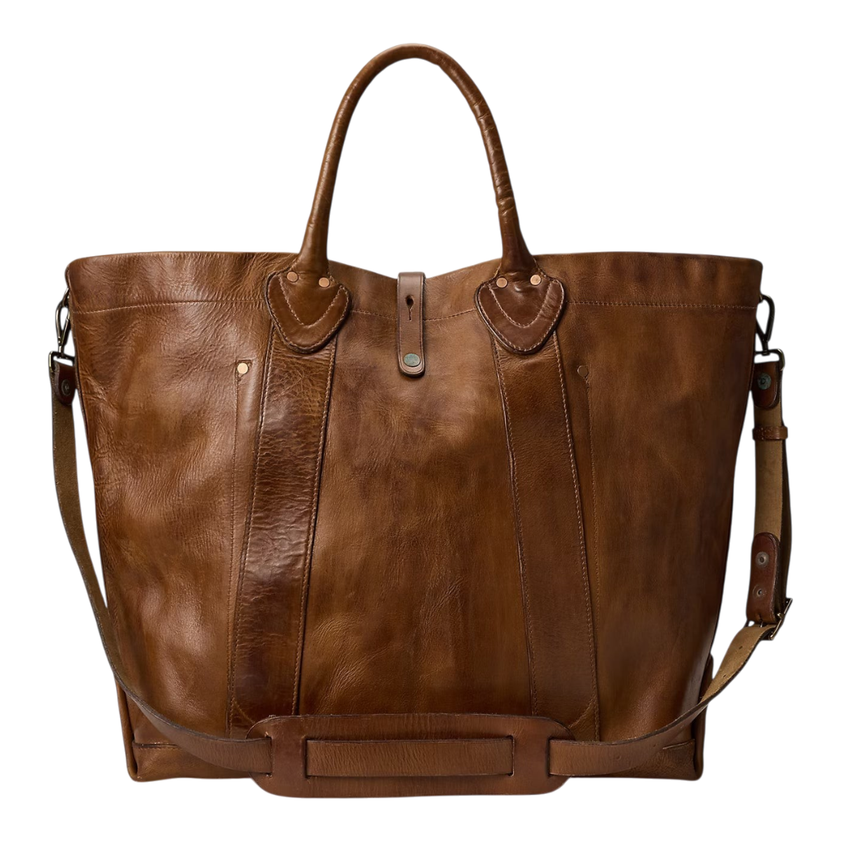 MILWORKS saddle brown full-grain leather tote bag with distressed finish, brass hardware, and removable shoulder strap.