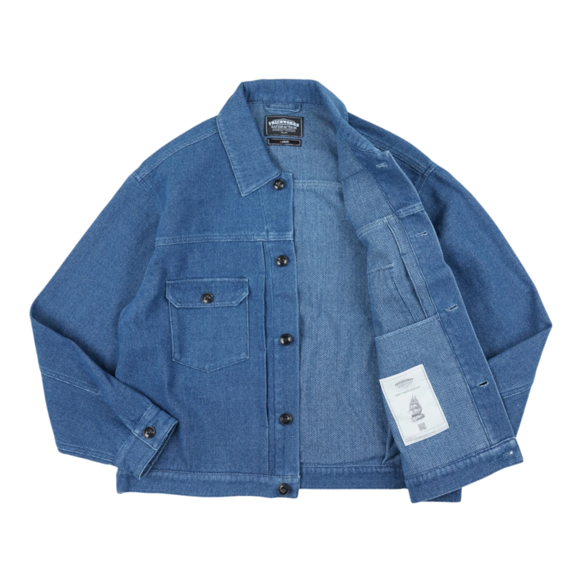 MILWORKS mid blue indigo sashiko trucker jacket with detailed stitching, button front, and relaxed workwear fit.