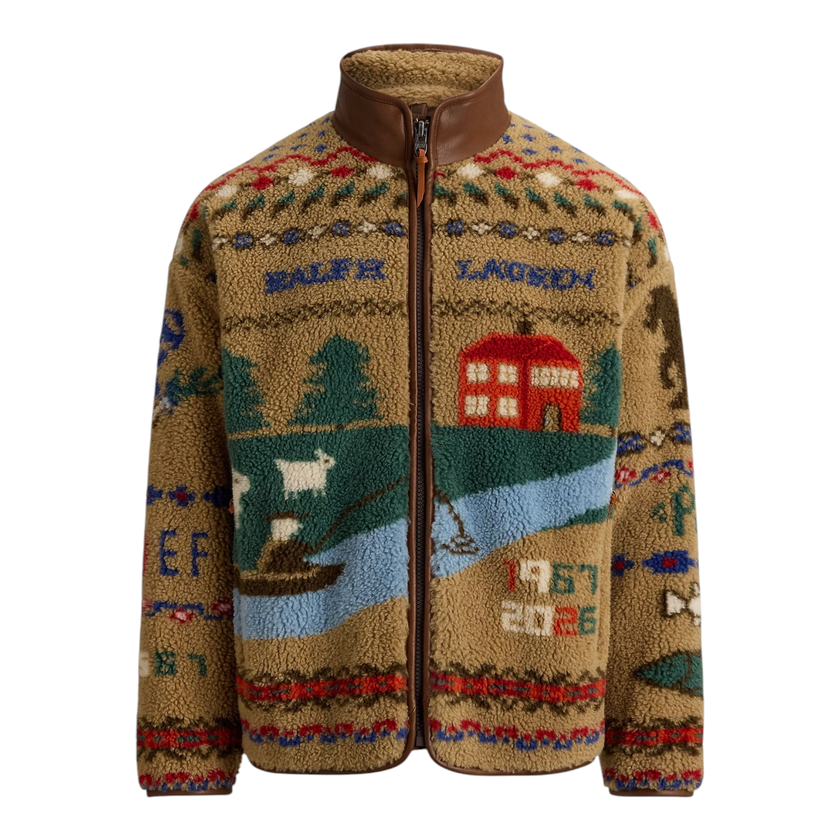 MILWORKS Scenic Pile Fleece Jacket in Montana Khaki with a landscape graphic, mockneck, and leather trim details.