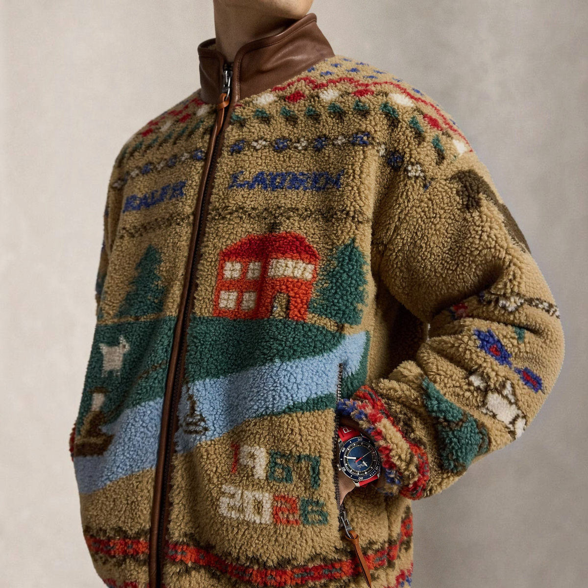 MILWORKS Scenic Pile Fleece Jacket in Montana Khaki featuring a vintage-inspired landscape print and leather trim.