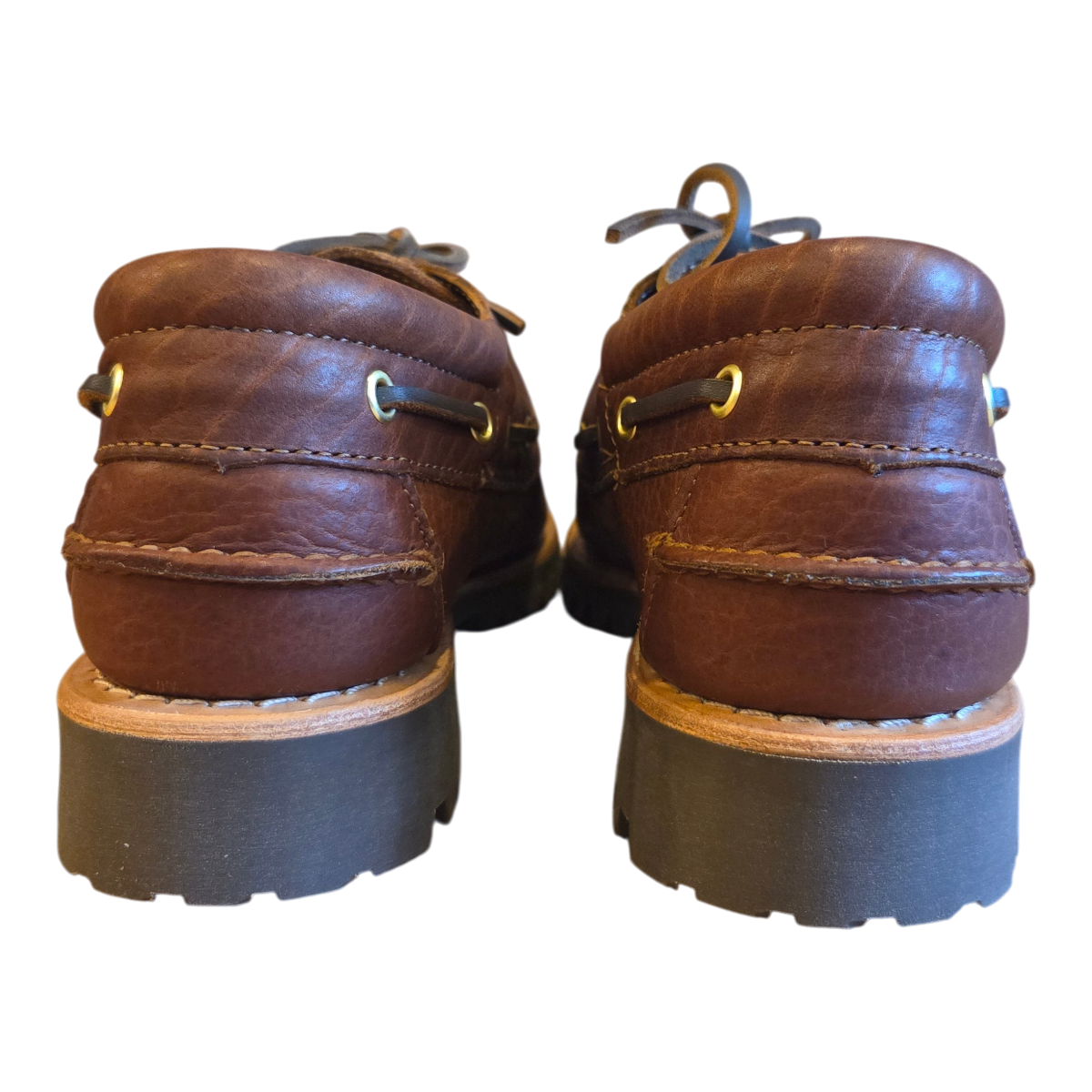 MILWORKS Sebago Acadia Artisan Momoth dark brown leather boat shoes with thick lug soles and gold eyelets