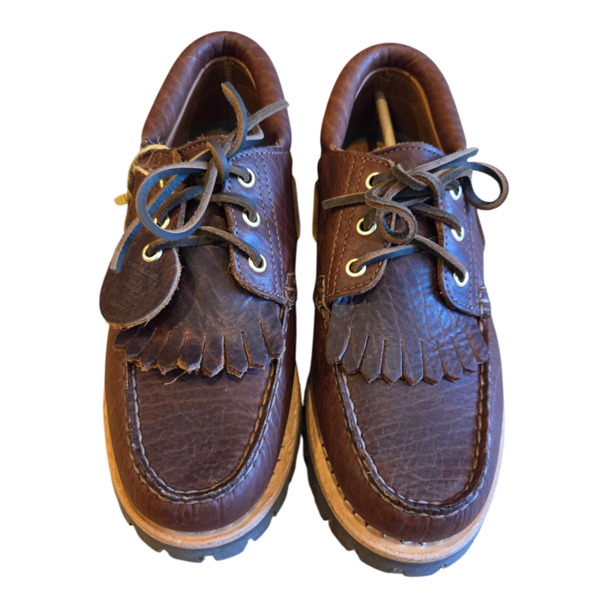 MILWORKS Sebago Acadia Artisan Momoth dark brown leather boat shoes with fringe kiltie detail and lace-up closure
