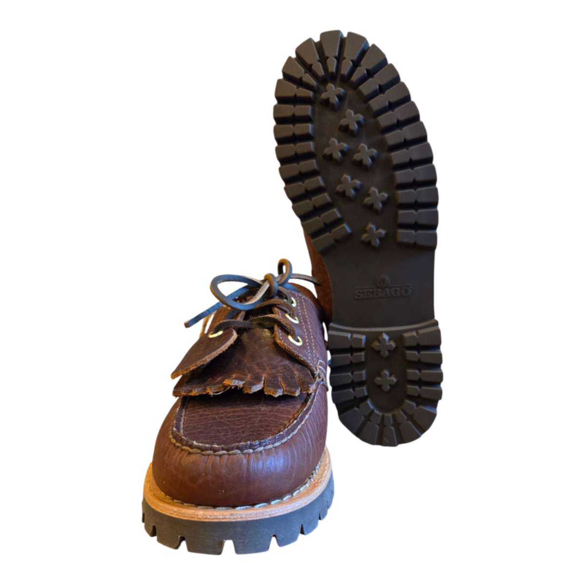 MILWORKS Sebago Acadia Artisan Momoth dark brown leather moccasin with fringe detail and thick lugged rubber sole