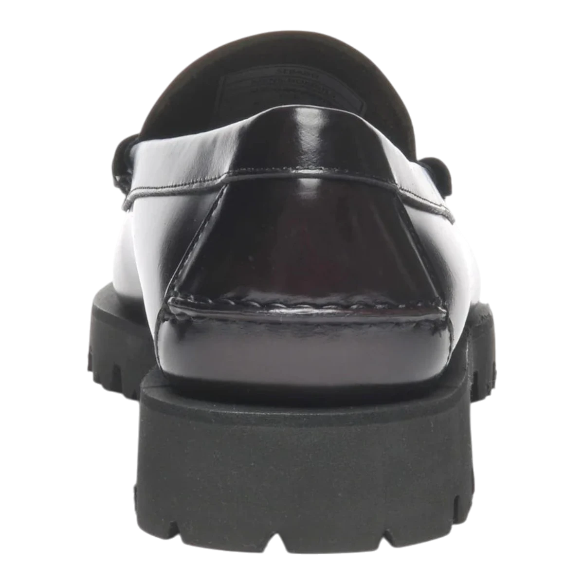 Rear view of MILWORKS Sebago Dan Lug brown and burgundy leather penny loafer with a thick black gum commando sole.