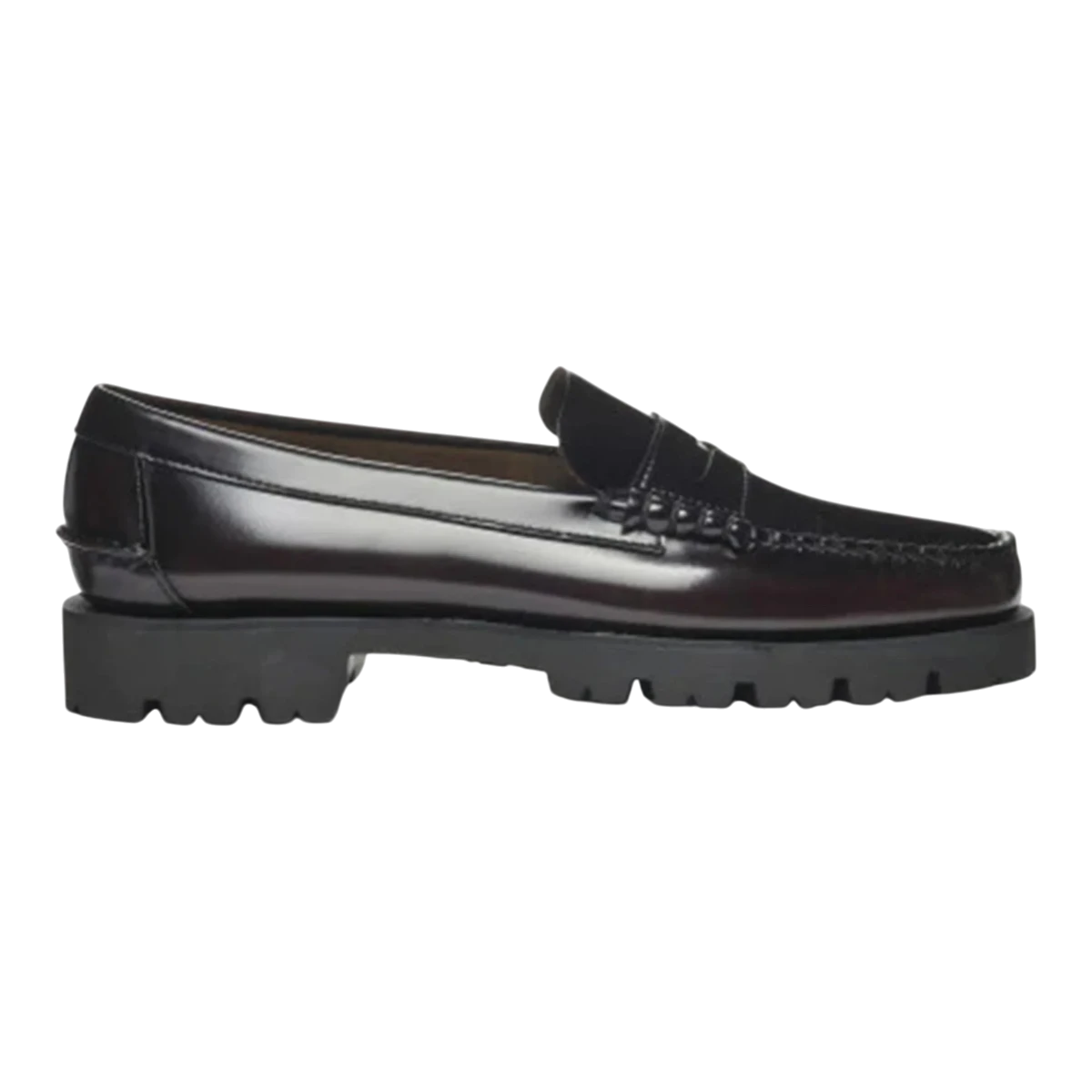 MILWORKS Sebago Dan Lug penny loafers in brown and burgundy leather with a thick black commando lug sole.