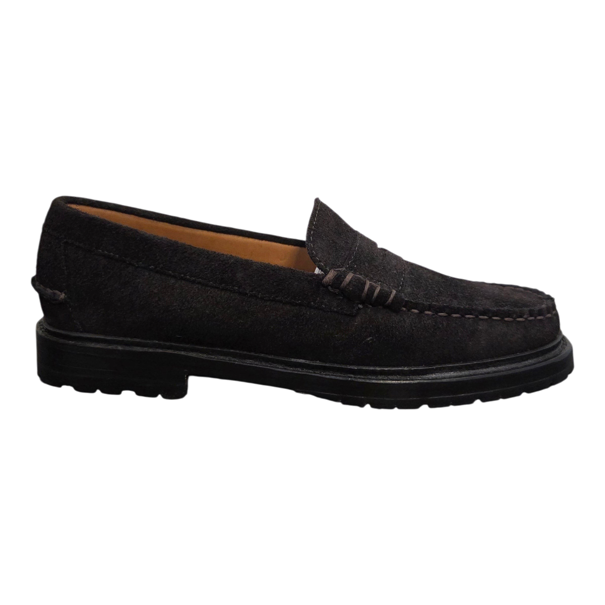 MILWORKS Sebago Dawson dark brown suede loafer with a rugged lug sole and moccasin-style stitching