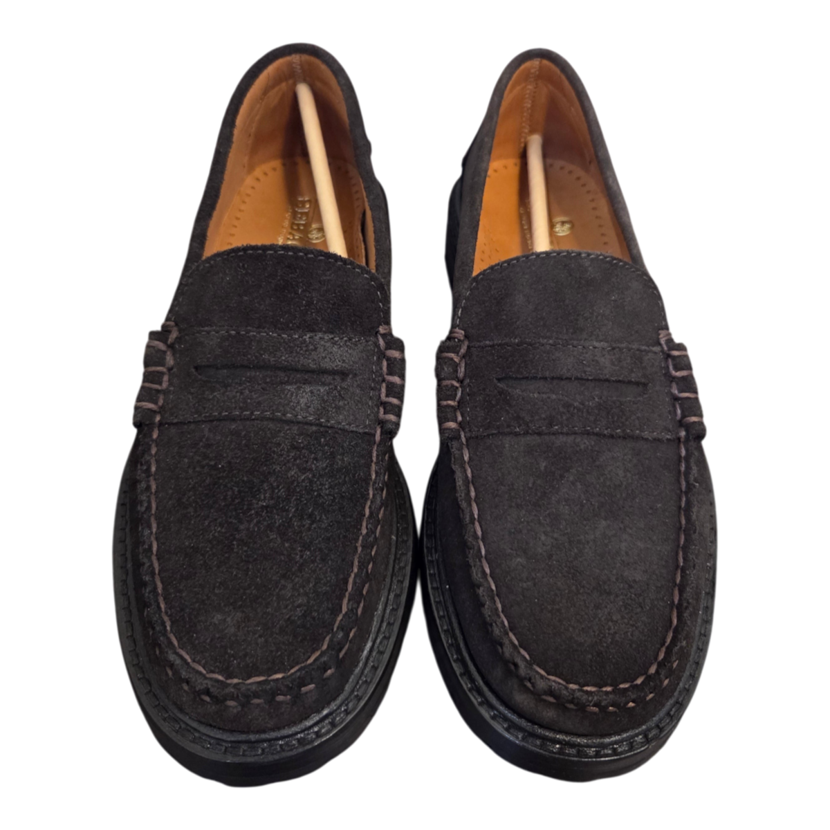 MILWORKS Sebago Dawson dark brown suede penny loafers with visible contrast stitching and leather insoles.