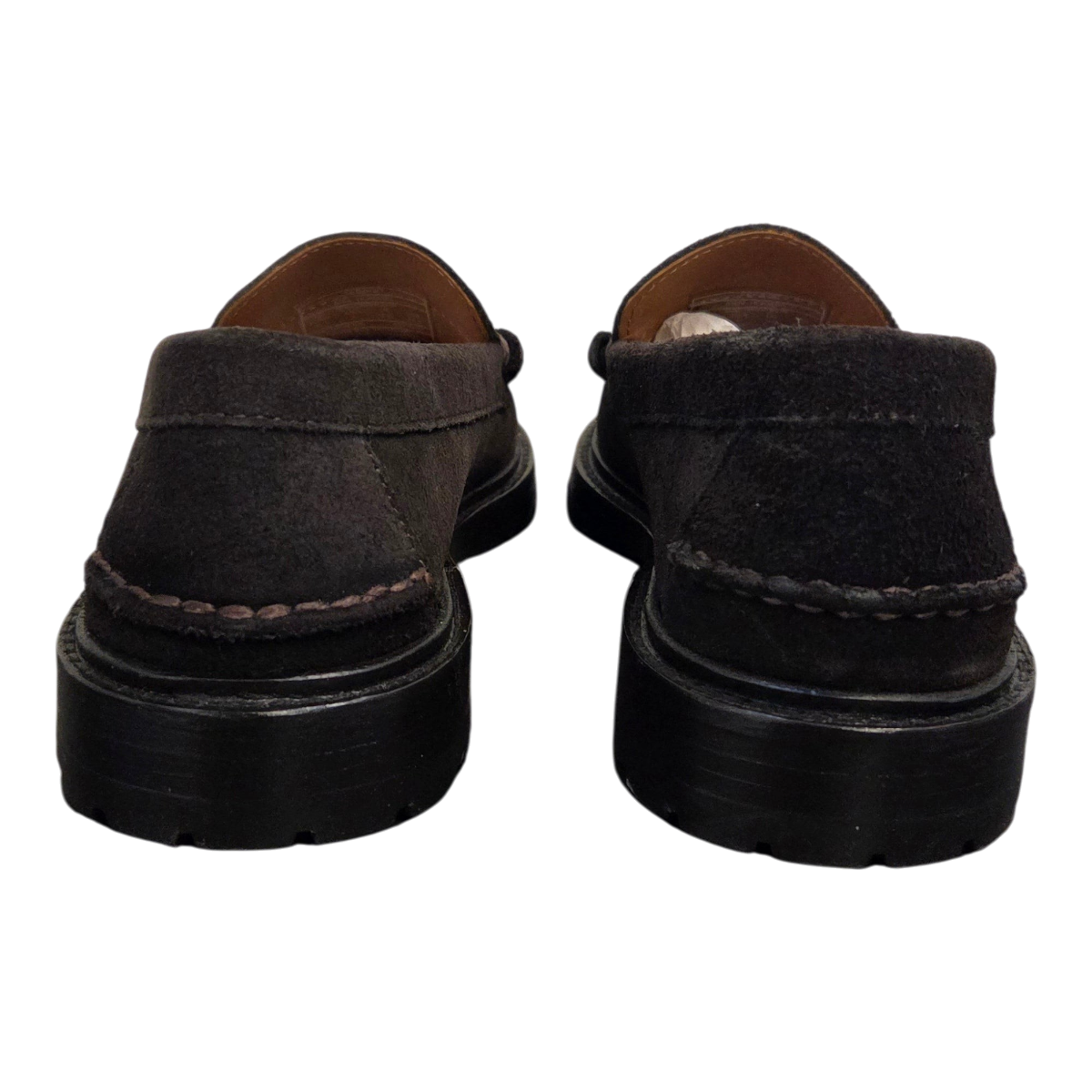 MILWORKS Sebago Dawson dark brown suede loafers viewed from the back showing thick lug soles and moccasin stitching.