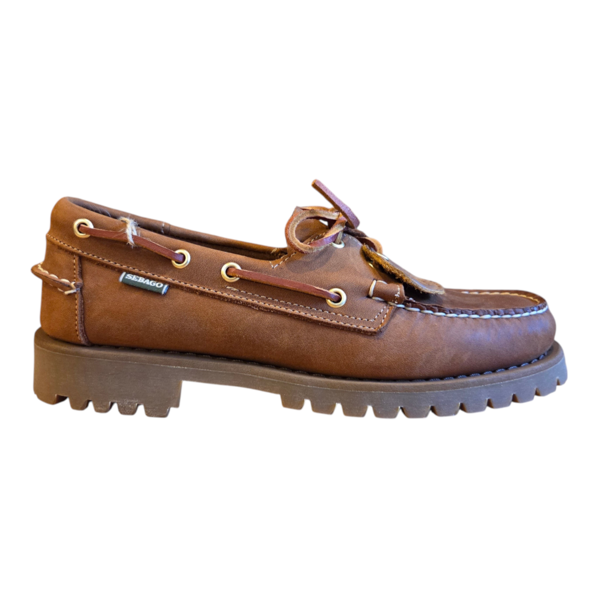 MILWORKS Sebago Ranger Artisan boat shoe in brown tan leather with a thick lug sole and side lacing detail