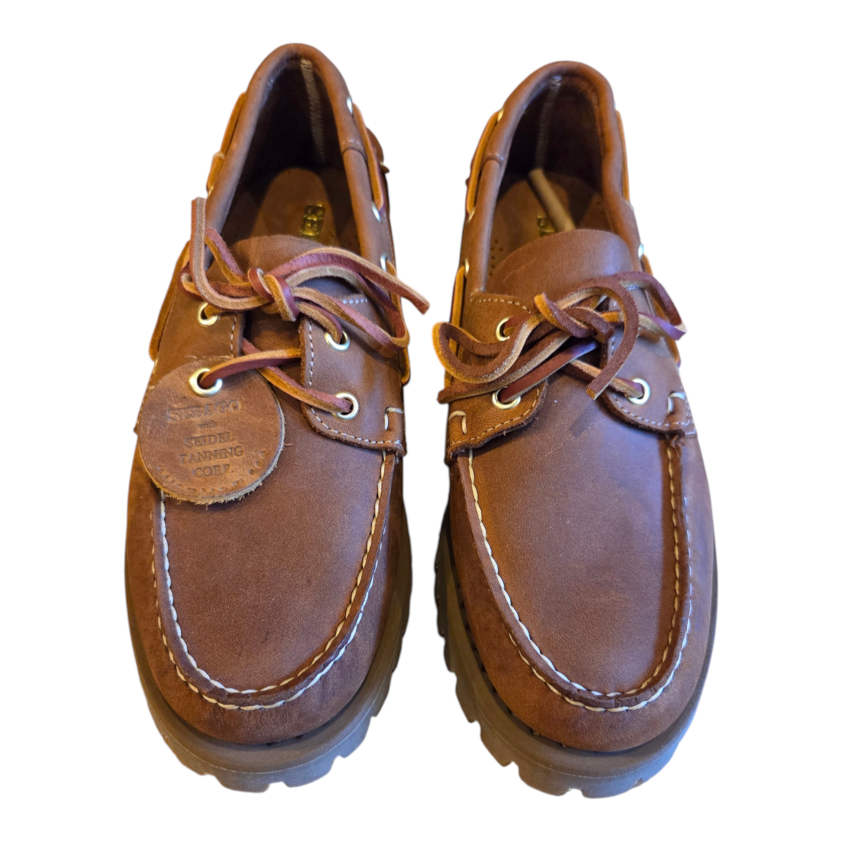 MILWORKS Sebago Ranger Artisan boat shoes in Texas brown tan leather with white contrast stitching and rawhide laces.