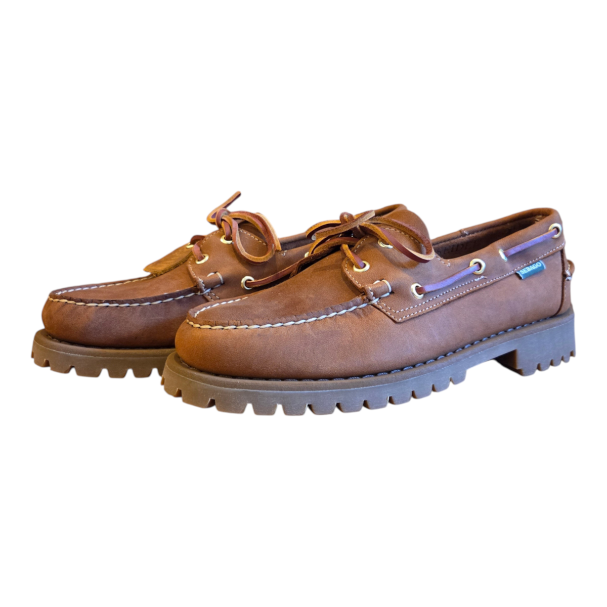 MILWORKS Sebago Ranger Artisan boat shoes in Texas brown tan leather with a thick lug sole and rawhide laces.