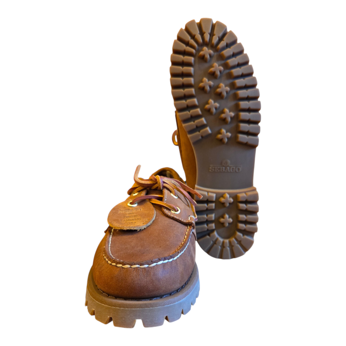 MILWORKS Sebago Ranger Artisan Texas brown tan leather boat shoes with thick lug soles and white contrast stitching