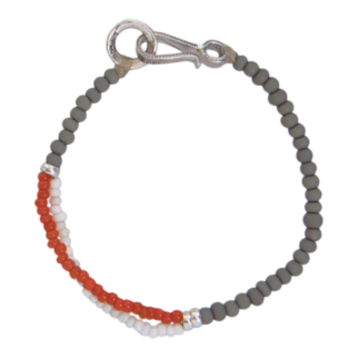 MILWORKS handmade shell bead bracelet in grey, red, and white with a vintage US nickel coin hook closure.