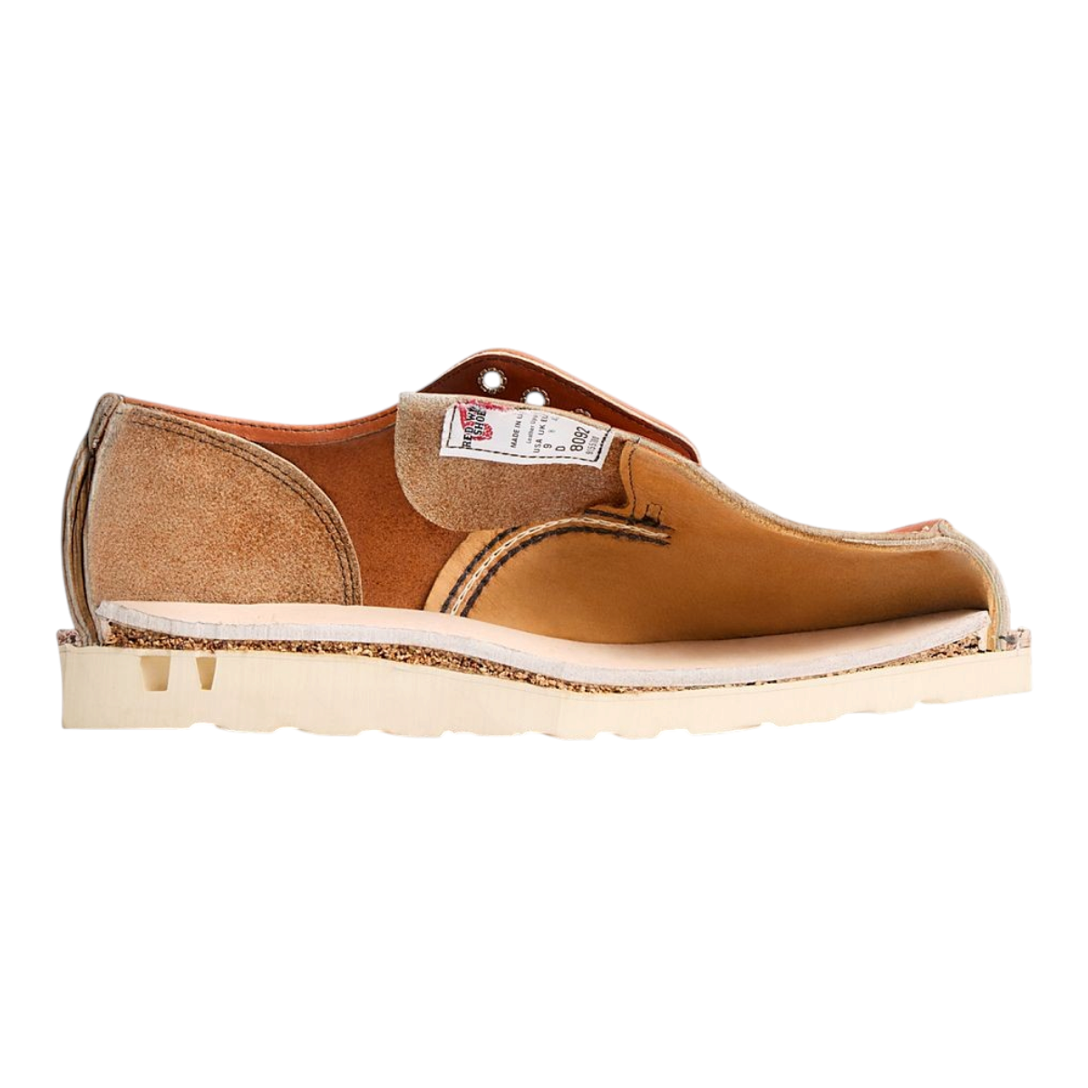 MILWORKS Shop Moc Oxford in Oro Legacy leather showing a cross-section of the Goodyear welt and Traction Tred sole.