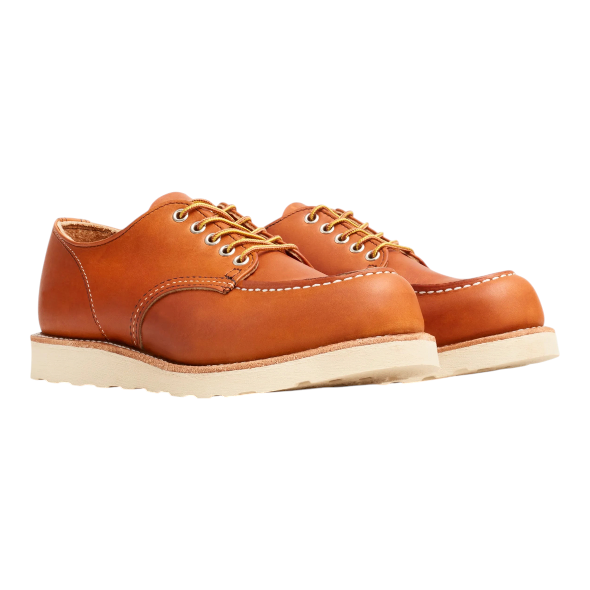 MILWORKS Shop Moc Oxford in Oro Legacy leather with white Traction Tred wedge sole and classic moc toe stitching