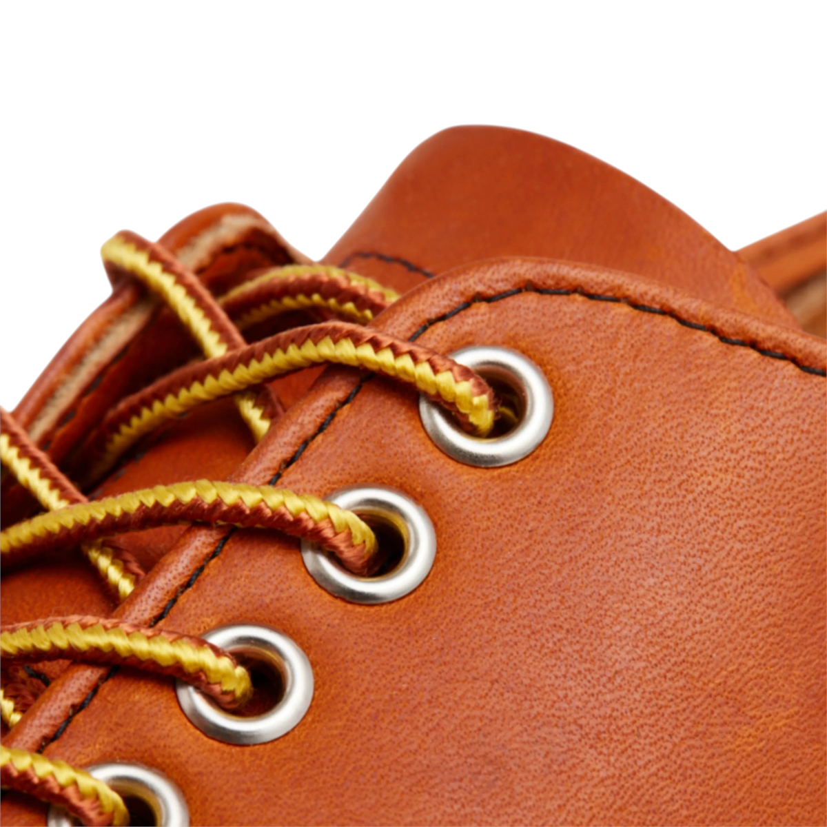 Close-up of MILWORKS Shop Moc Oxford in Oro Legacy leather with metallic eyelets and yellow-brown braided laces