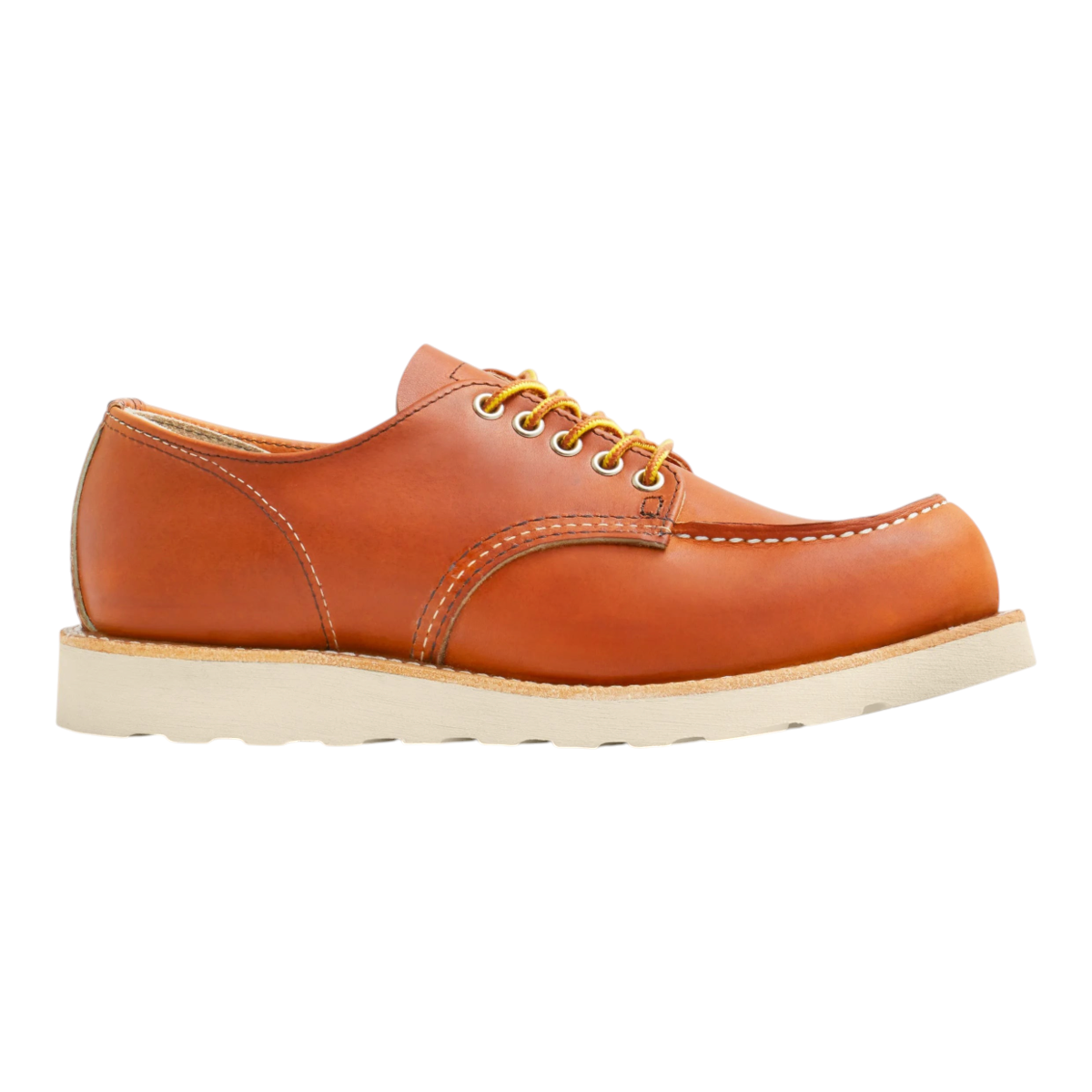 MILWORKS Shop Moc Oxford in Oro Legacy leather with a white Traction Tred wedge sole and classic moc toe stitching.