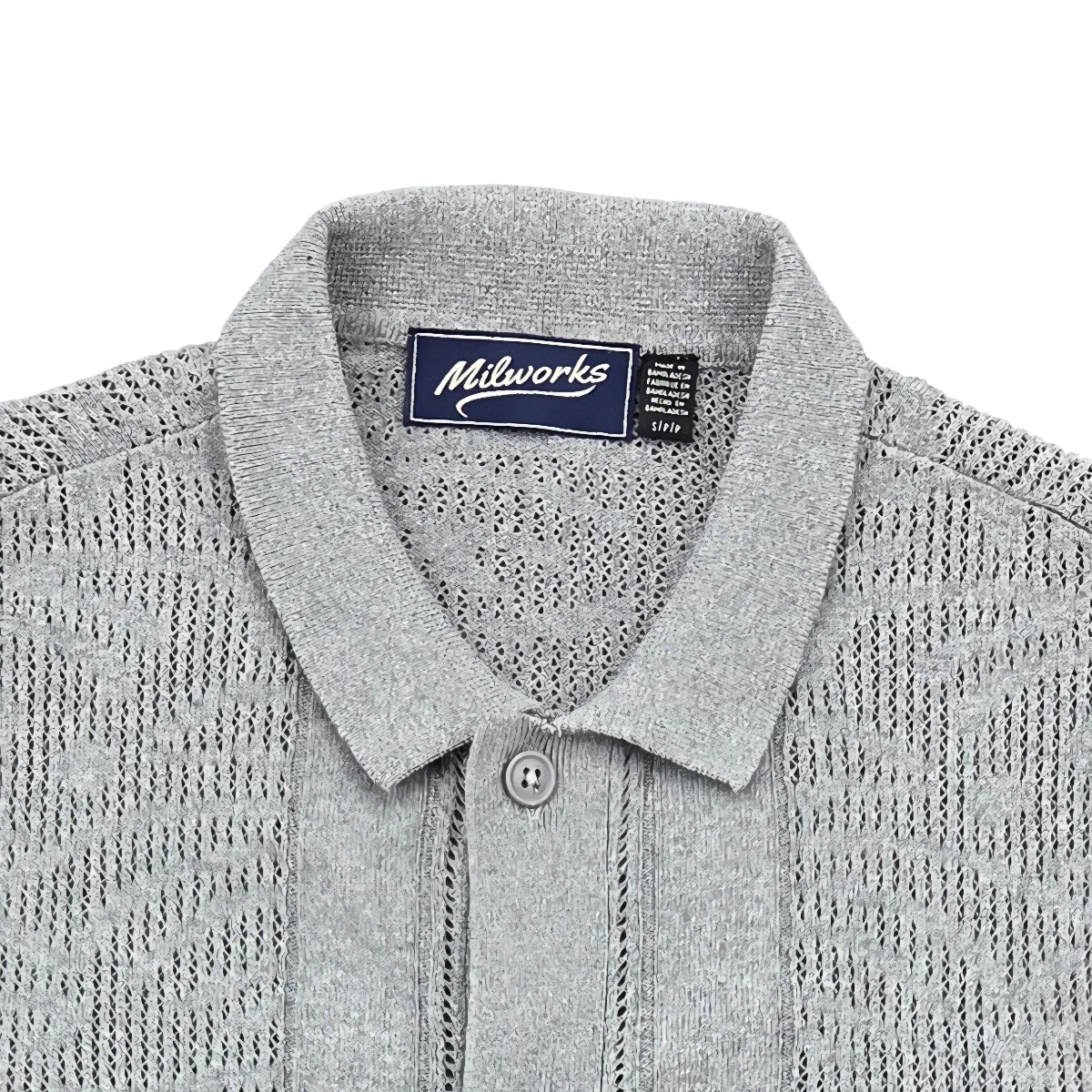 MILWORKS pearl grey short sleeve cotton knit shirt with open weave detail and button collar